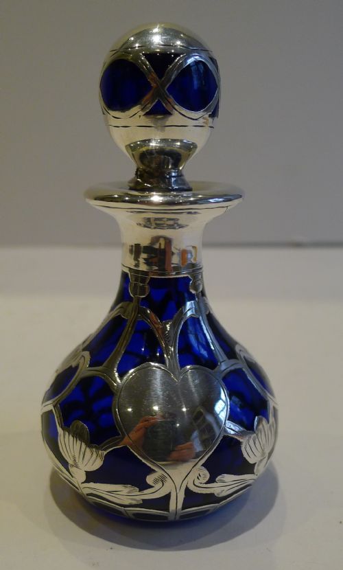 Antique English Blue Glass Perfume Bottle - Sterling Silver Overlaid - 1910