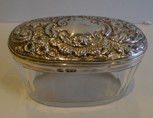 Large Oval Antique English Cut Crystal & Sterling Silver Vanity Jar of Box