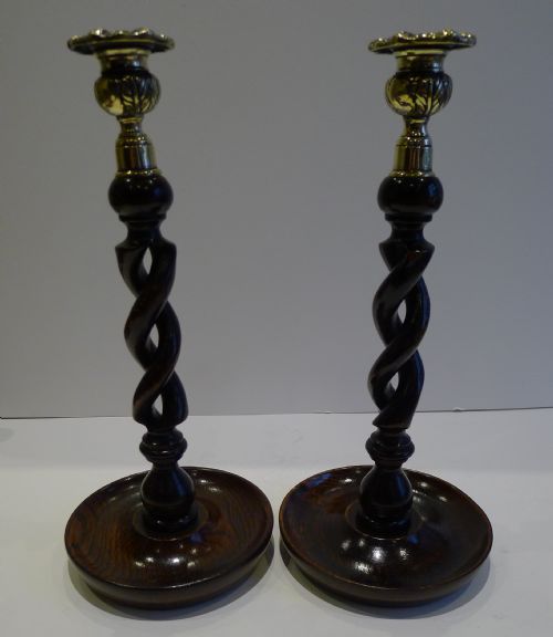Tall Pair Antique English Oak Open Barley Twist Candlesticks - Brass Thistle Tops