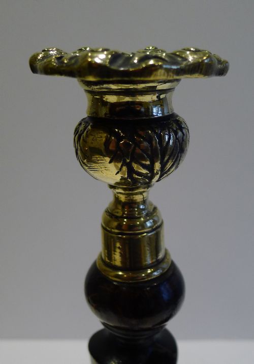 fig 1. Tall Pair Antique English Oak Open Barley Twist Candlesticks - Brass Thistle Tops