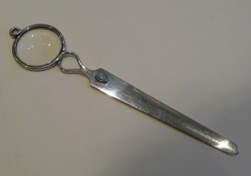 Stylish Antique English Sterling Silver Arts & Crafts Letter Opener / Magnifying Glass - Turquoise