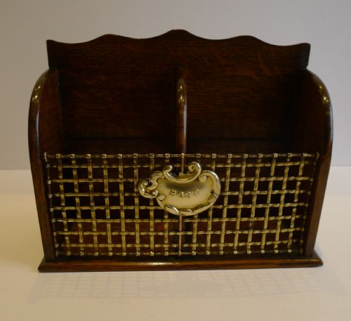 Antique English Oak & Brass Wire Letter Holder C.1900