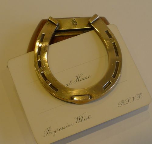 Antique English Brass & Oak Horseshoe Letter Clip - 1879