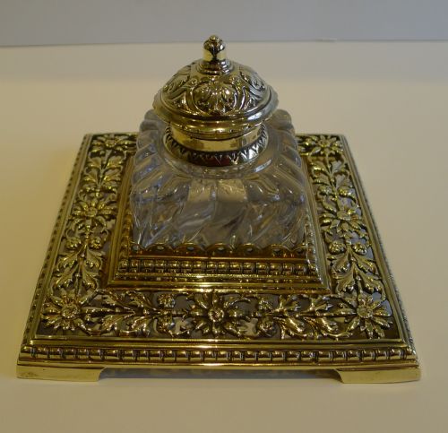 Antique English Brass and Glass Inkwell C.1890
