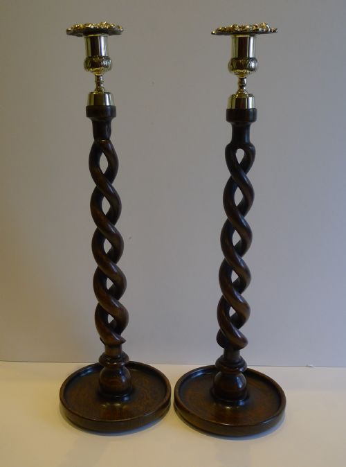 Towering Pair 18 1/2" Solid Oak Open Barley Twist Candlesticks - Brass Thistle Tops