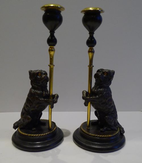 Pair Antique French Figural Candlesticks - Bronze Dogs with Glass Eyes C.1870