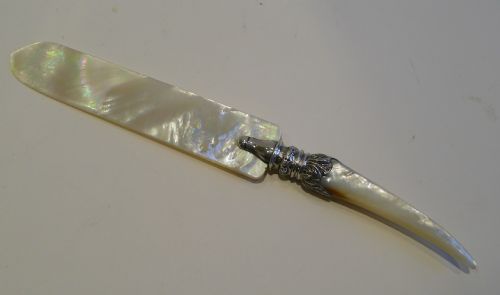 Antique English Mother of Pearl & Sterling Silver Letter Opener - 1893