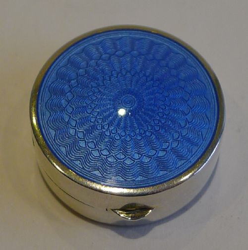 Sterling Silver & Blue Guilloche Enamel Pill Box - 1926