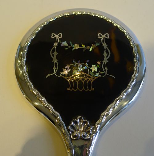 fig 1. Finest Antique English Sterling Silver & Tortoiseshell Hand Mirror - 1907