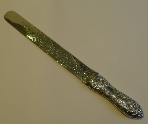 Grand 12" Antique Sterling Silver Page Turner / Paper Knife - Fern Engraved