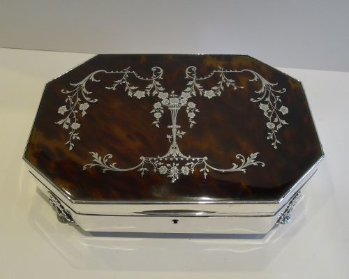 Finest Large Antique Silver & Tortoiseshell Jewellery Box - Pique Inlay