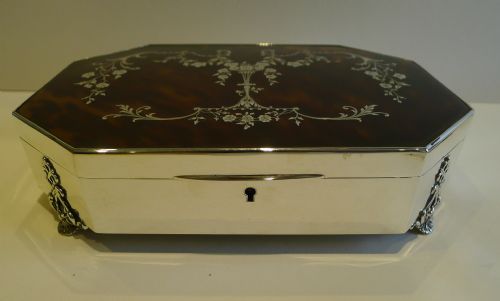fig 1. Finest Large Antique Silver & Tortoiseshell Jewellery Box - Pique Inlay