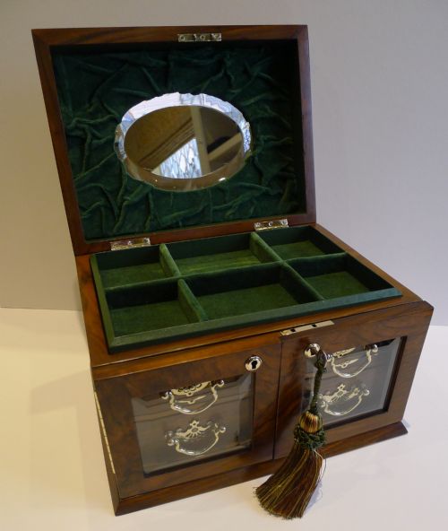 Large Antique English Walnut Jewellery Box / Cabinet - Bevelled Glass Doors C.1890
