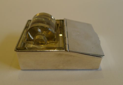 fig 1. Rare Sterling Silver & Glass Combination Postage Stamp Box & Moistener by Deakin & Francis