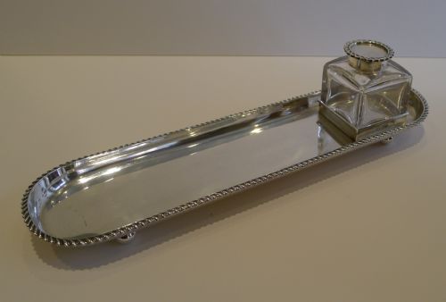 Antique English Sterling Silver Inkwell / Pen Tray / Desk Tidy - 1910