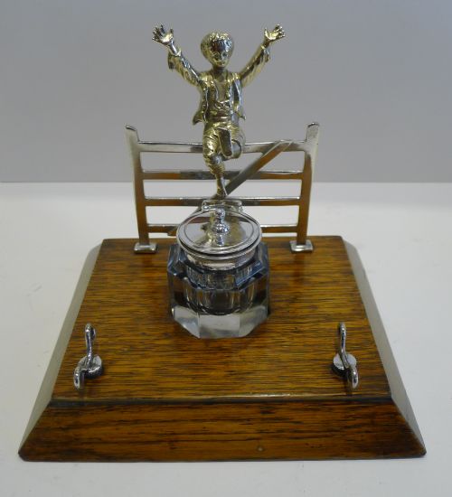 CHARMING ANTIQUE ENGLISH FIGURAL INKWELL INKSTAND C1890 CHILD OVER GATE - ADDITIONAL PHOTO 1