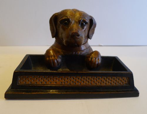 Beautifully Carved Antique Black Forest Figural Inkwell - Dog C.1900