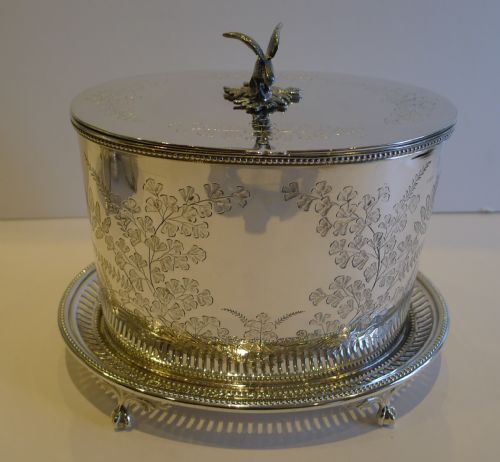 Antique English Silver Plated Biscuit Box / Barrel - Ferns, C.1880