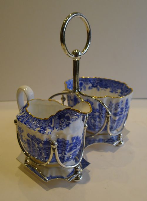 Antique Copeland Blue Willow China Sugar & Cream Set C.1900