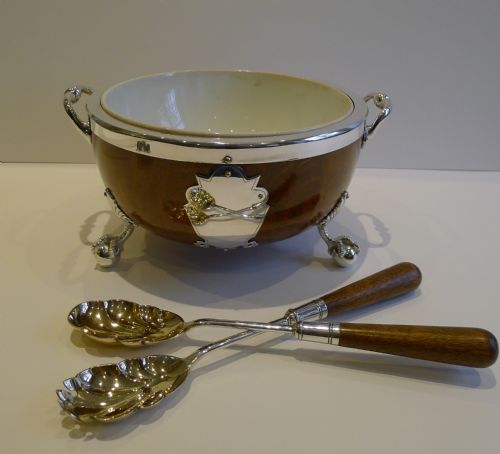 Antique English Oak & Silver Plate Salad Bowl & Servers C.1900 by Daniel & Arter