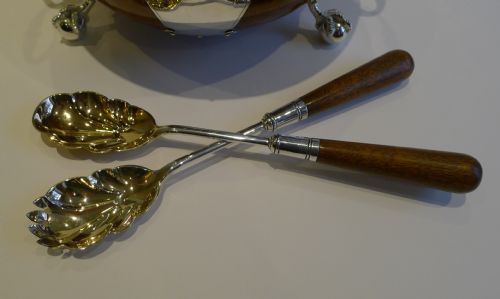 fig 2. Antique English Oak & Silver Plate Salad Bowl & Servers c.1900 by Daniel & Arter