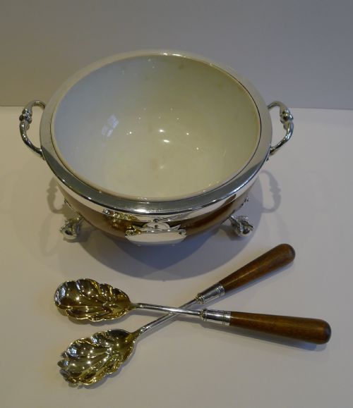 fig 1. Antique English Oak & Silver Plate Salad Bowl & Servers c.1900 by Daniel & Arter