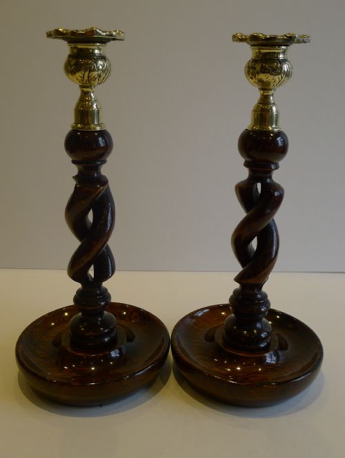 Pair Antique English 10" Oak Open Barley Twist Candlesticks - Brass Thistle Tops
