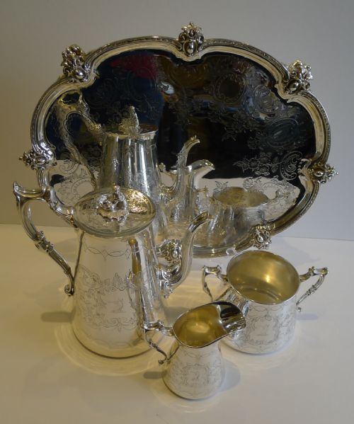 Antique English Silver Plated Coffee Set with Tray - Family Crest, C.1880