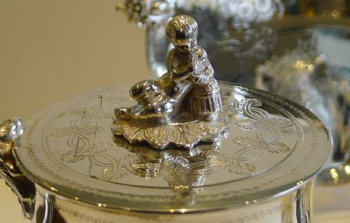 fig 1. Antique English Silver Plated Coffee Set With Tray - Family Crest, c.1880