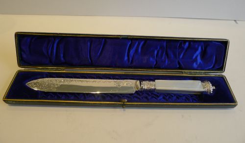 fig 1. Magnificent Antique English Boxed Silver Plate & Mother of Pearl Cake Knife