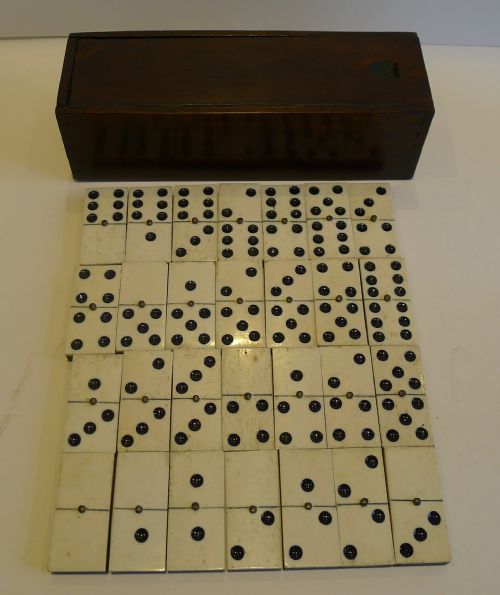 Antique English Boxed Set Bone & Ebony Dominoes C.1890