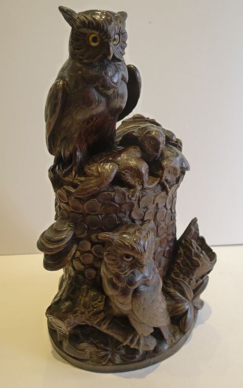 Rare & Magnificent Figural Black Forest Tobacco Box - Owl Family C.1900