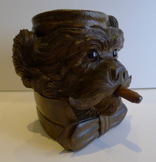 Magnificent Black Forest Carved Linden Wood Terrier Tobacco Box C.1880