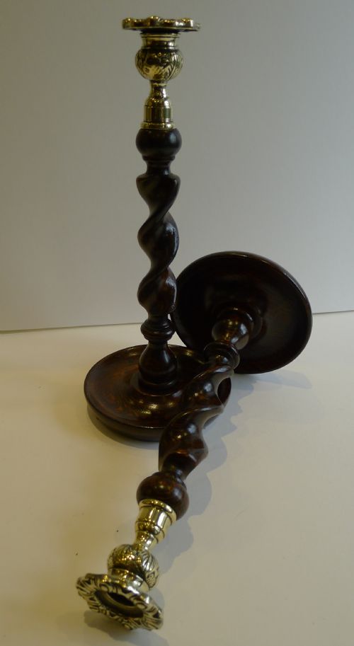 Handsome Pair 12 1/2" Solid Oak Barley Twist Candlesticks - Brass Thistle Tops