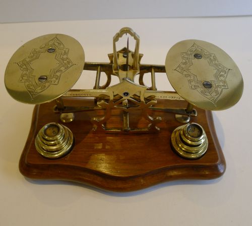 fig 1. Antique Walnut & Brass Postal Scale by Parkins & Gotto of London c.1890