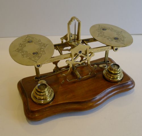 Antique Walnut & Brass Postal Scale by Parkins & Gotto of London C.1890