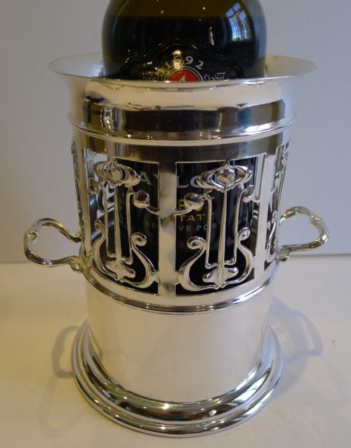 Stylish Antique Art Nouveau Wine Bottle Holder in Silverplate - C.1900