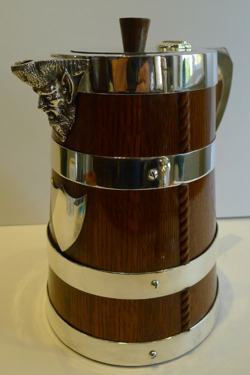 Large Antique English Coopered Oak Water Jug - Figural Spout C.1890