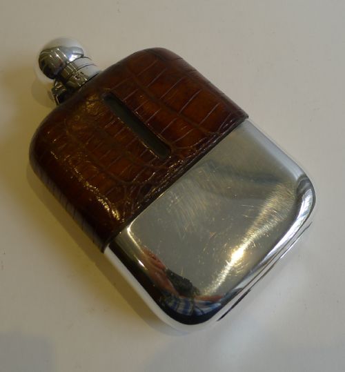 Large Antique Alligator / Crocodile & Silver Plated Hip Flask C.1910
