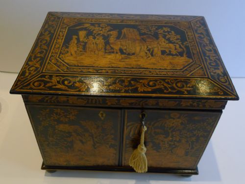 Antique English Chinoiserie Penwork Jewelry Cabinet C.1790