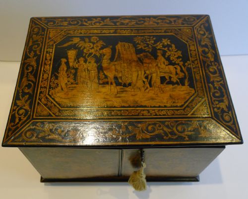 fig 1. Antique English Chinoiserie Penwork Jewelry Cabinet c.1790