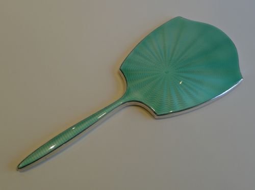 Stunning English Sterling Silver & Guilloche Enamel Hand Mirror