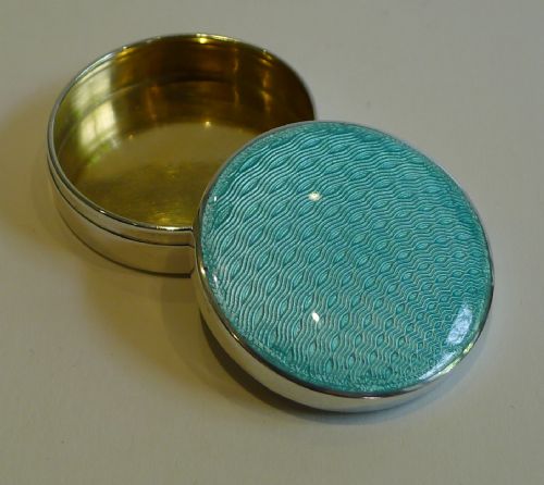 English Sterling Silver & Aqua Guilloche Enamel Pill Box - 1933