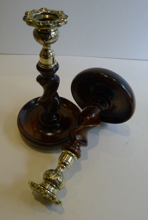 Handsome Pair Solid Oak Barley Twist Candlesticks - Brass Thistle Tops