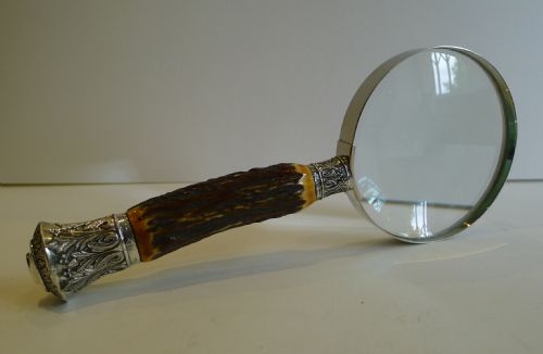 Antique English Antler Horn & Sterling Silver Handled Magnifying Glass
