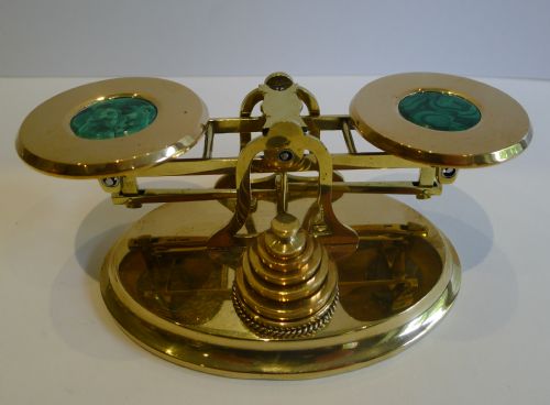 fig 1. Antique English Brass and Malachite Postage or Letter Scales c.1860