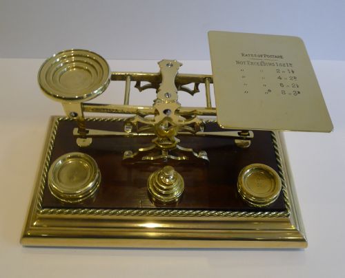 fig 1. Antique Mahogany and Brass Postal Scale by Sampson Mordan -= Victoria Cross c.1880