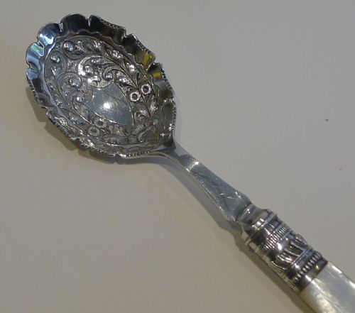fig 1. Antique English Silver Plate & Mother of Pearl Jam or Preserve Spoons c.1890