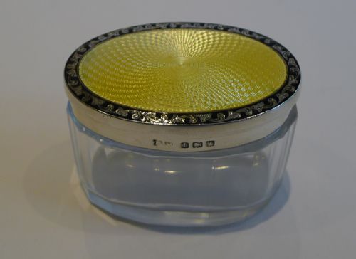 Vintage English Sterling Silver & Guilloche Enamel Lidded Vanity Jar
