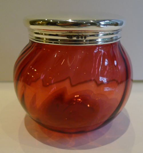 Large Cranberry / Red Vanity or Powder Bowl - English Sterling Silver Lid - 1919